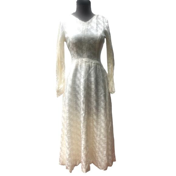 Vtg Creamy White Satin Brocade Button Front Peplum Back Victorian Coquette Dress - Picture 2 of 8